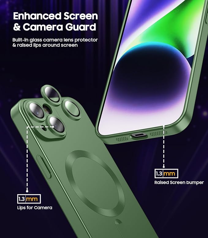 Magnetic for iPhone 14 Case [Compatible with MagSafe][Built-in Camera Lens Protector] Slim Soft Silicone Bumper Shockproof Metallic Luster Phone Case (Green)