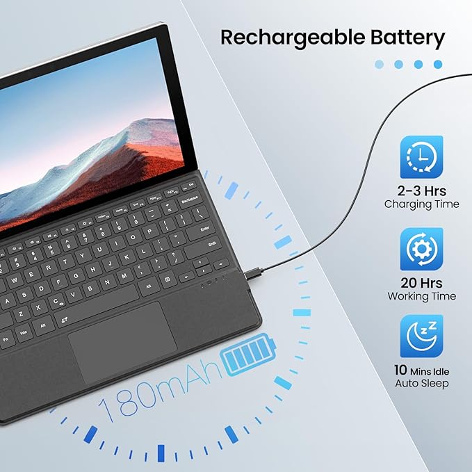 MoKo Type Cover Compatible with Microsoft Surface Pro 7 Plus 2021/ Pro 7 / Pro 6 / Pro 5 / Pro 4 /Pro 3, Lightweight Wireless Replacement Keyboard with Trackpad & Built-in Rechargeable Battery, Gray
