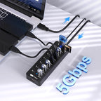 Powered USB Hub 3.0,VEMONT 7 Ports Multi USB hubs and 1 USB Smart Charging Port with 5V/3A Power Supply,USB Extension Splitter with Individual On/Off Switches and 4ft/1.2m Long Cable for PC/Laptop