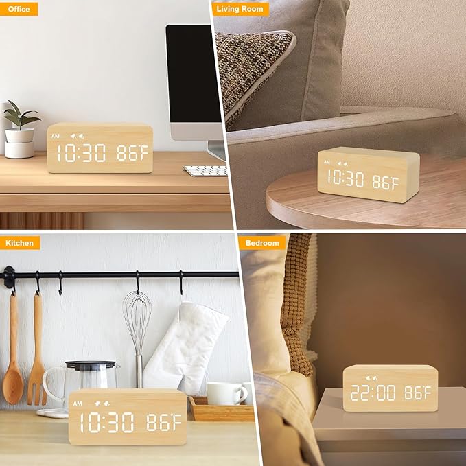 MOSITO Digital Wooden Alarm Clock with Wireless Charging, 0-100% Dimmer, Dual Alarm, Weekday/Weekend Mode, Snooze, Wood LED Clocks for Bedroom, Bedside, Desk, Kids (Bamboo)