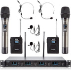 4 Channel Wireless Microphone System UHF 2 Cordless Handheld Mics and 2 Lavalier Headset Mics for Karaoke Church Speaking Conference Meeting Party, 4x25 Adjustable Frequency (2 Handheld + 2 Bodypack)