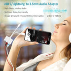 USB-C & Lightning to 3.5mm Headphone Adapter, 3-in-1 USB OTG Camera Adapter & Aux Headphone Splitter, Supports Charging/Audio/Data Transfer for iPhone 16/15/14/13/12, Samsung Galaxy S25/24, Laptops