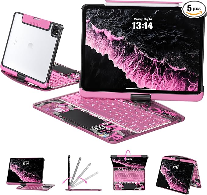 Transparent Case with Keyboard for iPad Air 13 Inch (M3/M2, 2025/2024), iPad Pro 12.9 Inch (6/5/4/3 Gen),7-Color Backlit,Magic Wireless Keyboard, 360°Rotating,with trackpad,Pencil Holder,Pink