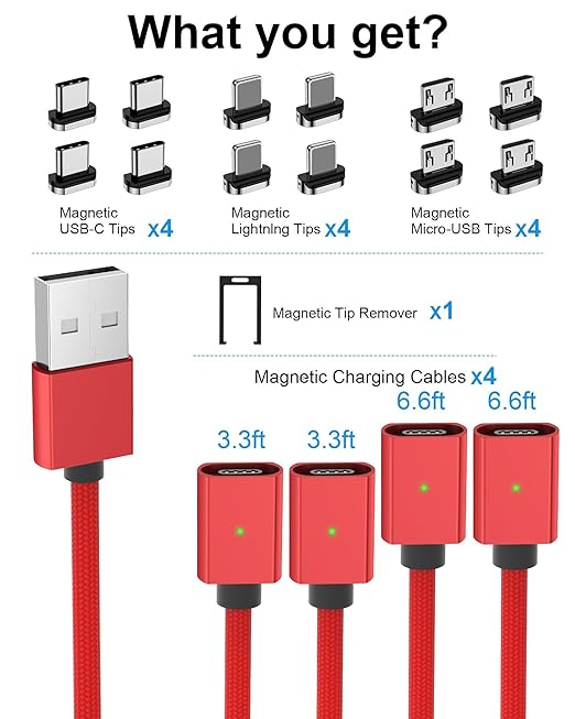 Magnetic Charging Cable 3A Fast Charging (4-Pack, 3.3/3.3/6.6/6.6 ft) 3 in 1 Magnetic Phone Charger, 480Mbps Data Transfer, USB A to Type C Charger Cable USB-C/Iproduct Micro USB Device (Deep Red)