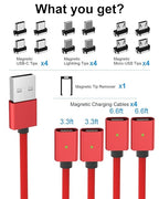 Magnetic Charging Cable 3A Fast Charging (4-Pack, 3.3/3.3/6.6/6.6 ft) 3 in 1 Magnetic Phone Charger, 480Mbps Data Transfer, USB A to Type C Charger Cable USB-C/Iproduct Micro USB Device (Deep Red)