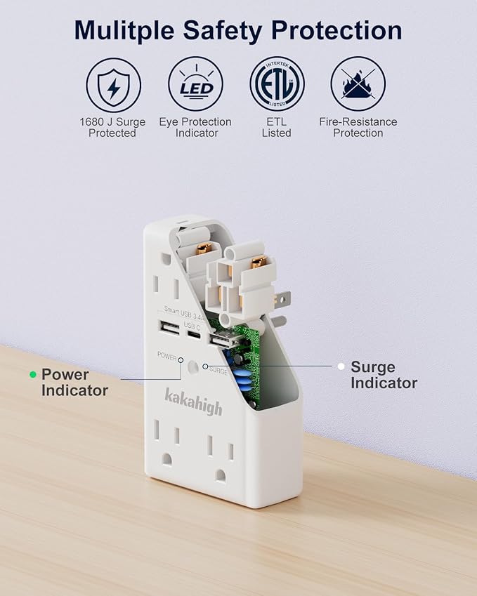 Wall Outlet Extender with Screw, 8 Way Outlets with 1680J Surge Protected, Multi Plug Wall Outlet with USB Ports, LED Indicator, 1875W Wall Mounted Surge Protectors for Dorm Room Office Kitchen