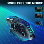 SM809 Pro Wireless MMO Gaming Mouse with 9 Side Buttons,24000 DPI,Triple Connectivity (2.4G/BT5.0/Wired) RGB MMO Mouse for Gamer,16 Programmable Macros,Up to 350H Battery Life,Black