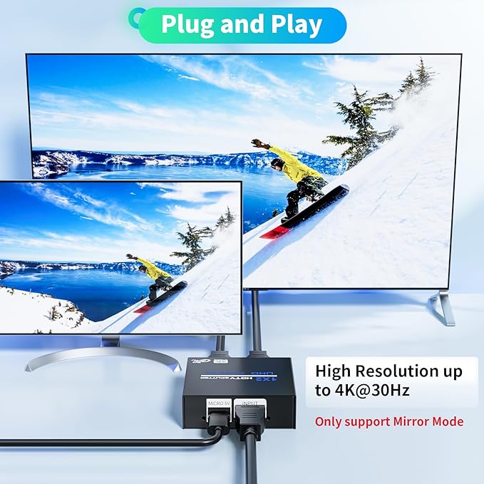 HDMI Splitter 1 in 2 Out 4K, 1x2 Powered HDMI Multi-Port Adapter for Dual Monitor, Support 4K UltraHD 3D HDR, Duplicate/Mirror Screens, Ideal for Xbox Ps5 Ps4 Ps3 Fire Stick Blu-Ray Player HDTV