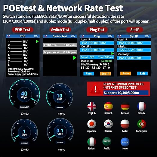 NOYAFA NF-8506 Network Cable Tester with RJ45 Crimp Tool, CAT5 CAT6 Network Tester, IP Scan, PoE Ping Test, Network Rate Test, Port Flashing, RJ45 RJ11 Ethernet Cable Tester with Crimper Stripper