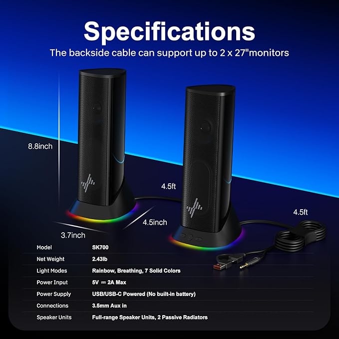 Nylavee Computer Speakers – Hi-Fi Stereo PC Speakers with 9 LED Lighting Modes, Enhanced Bass and Sound, USB/Type-C Powered and 3.5mm Audio Wired Desktop Speakers for PC, Laptop, Monitor, PS5, Xbox