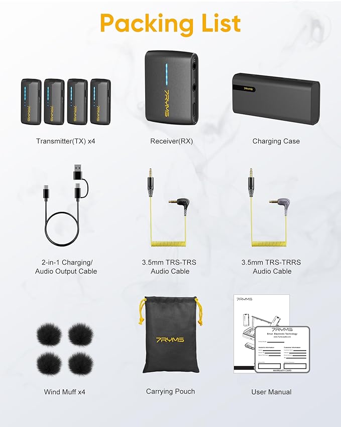 7RYMS iRay DW40 Wireless Lavalier Microphone System with 4 Transmitter, Noise Cancellation, 656ft Range, 12.5H Working, Lapel Mic for iPhone Android Camera PC, Podcast Live Streaming Interview
