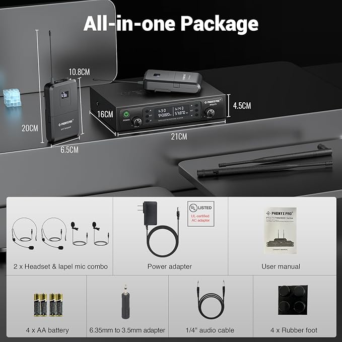 Phenyx Pro Dual UHF Wireless Microphone System，Auto-Scan Cordless Mic Set w/ 2x100 Frequencies, 2 Bodypacks & Headsets/Lapel Microphones for Speaking, Singing, Church, DJ (PTU-71-2B)