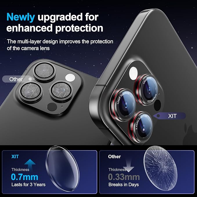 X-it 2 Pack Camera Lens Protector, Shatterproof Anti-Scratch Ultra HD Camera Protector, Anti-Glare Tempered Glass Lens Protector for iPhone 16 Pro Max/16Pro/15 Pro Max/15Pro/14 Pro Max/14Pro,Black Red