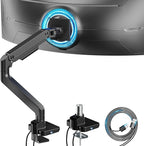 ARES WING Ultrawide Monitor Arm with USB A/C, for 17 to 49 inch Heavy Duty Screen, Holds 44 lbs, Adjustable Gas Spring Arm Desk Mount with Clamp and Grommet Base, Black