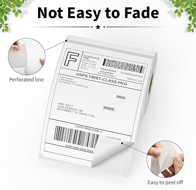 FungLam 6 Rolls 4"x6" Thermal Shipping Labels, 250 Labels/6 Roll, 1" Core, Perforated, Address Mailing Shipping Labels Compatible with JADENS,Rollo, Zebra,iDPRT.