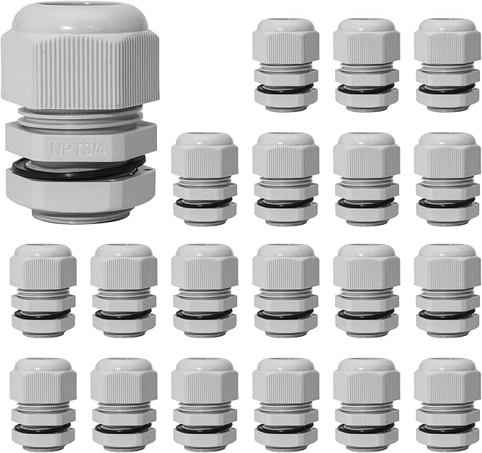 20 Pcs 3/4" NPT Nylon Cable Glands, IP68 Waterproof Adjustable Cord Grip Cable Connector Strain Relief Wire Protectors for 13-18mm Cable Diameter, Grey