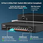 YuanLey 10 Port 2.5G PoE Switch Unmanaged, 8 x 2.5G Base-T PoE Ports, 2 x 10G SFP, IEEE802.3af/at, 120W, Compatible with 100/1000/2500Mbps, Metal Fanless, Desktop/Rack Mount 2.5Gbe Network Switch