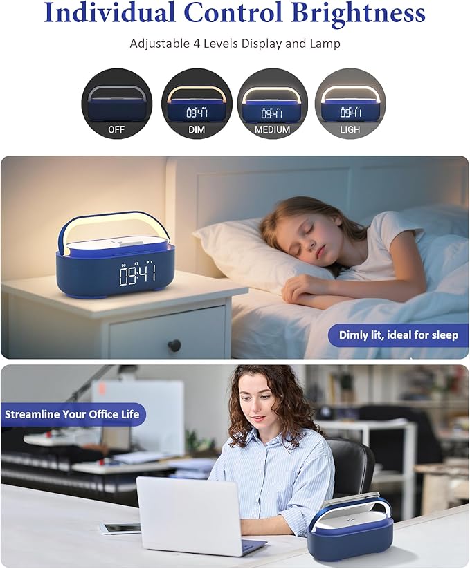 COLSUR 6-in-1 Bluetooth Speaker Alarm Clock with 15W Wireless Charger, FM Radio, Adjustable LED Night Light, 2500mAh Battery, Snooze Function – for Bedroom, Home, Office