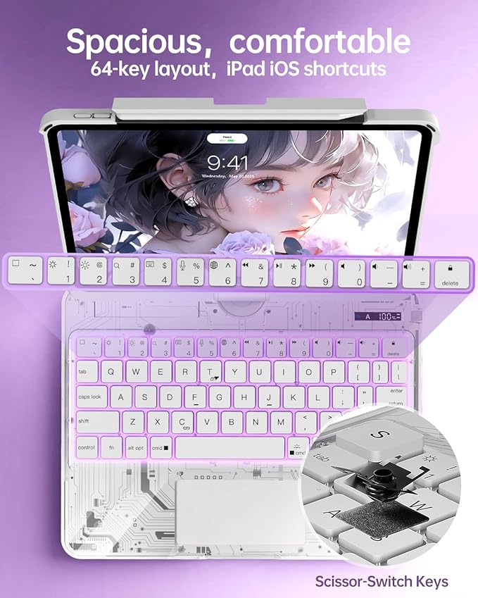Intermerge Clear Keyboard Case for iPad Pro 11" (M4) 2024 Only, 360° Swivel Multi-Touch Trackpad, 7-Color RGB Backlit, Pencil Holder, Type-C, Power Indicator, Frost Pulse