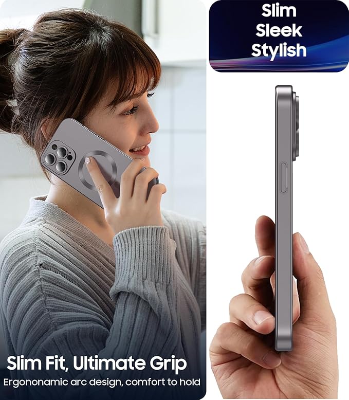 Magnetic for iPhone 15 Pro Max Case [Compatible with MagSafe][Built-in Camera Lens Protector] Slim Soft Silicone Bumper Shockproof Metallic Luster Phone Case (Titanium Gray)
