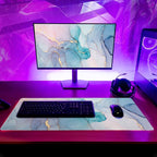 Teal Marble Extended Mouse Pad 31.5x11.8 Inch Turquoise Desk Marble Mousepad Extended Large Non-Slip Rubber Base Waterproof Big Keyboard Mat with Stitched Edges for Gaming and Office