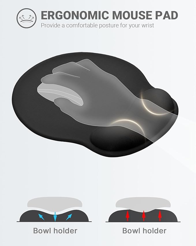 Ergonomic Mouse Pad with Wrist Rest, Large Mousepad(10.6'' x 9''), Wrist Support Mouse Mat with Non-Slip Base, Pain Relief for Laptop & Computer (Black)