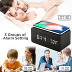 OCT17 Alarm Clock with Qi Wireless Charging Pad Compatible with iPhone Samsung Wood LED Digital Clock Sound Control Function, Time Date, Temperature Display for Bedroom Office Home - Black