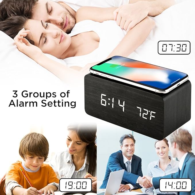 OCT17 Alarm Clock with Qi Wireless Charging Pad Compatible with iPhone Samsung Wood LED Digital Clock Sound Control Function, Time Date, Temperature Display for Bedroom Office Home - Black