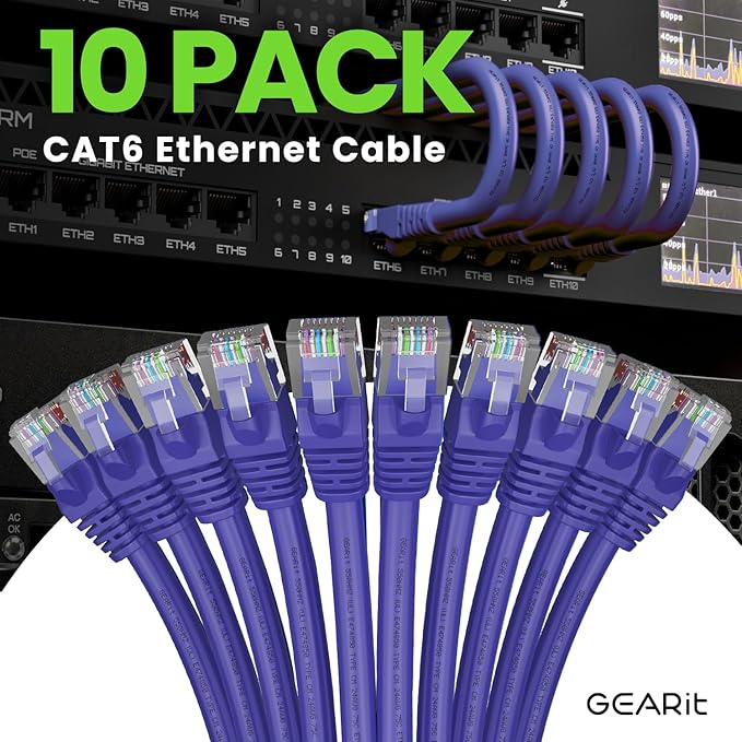 GearIT Cat 6 Ethernet Cable (10-Pack 7 Feet) Cat6 Network Patch, 10Gbps, RJ45, Snagless Cord, Gold-Plated Connectors, Internet for PC, TV, Tablet, Router, Printer, Servers, IT Data Center - Purple