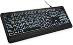 Large Print Backlit Keyboard, USB Wired Computer Keyboard, Full Size Keyboard with White Illuminated LED Compatible for Windows Desktop, Laptop, PC, Gaming, Black