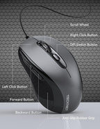 TECKNET Computer Wired Mouse, USB Mice for Laptop with 6-Button, 3600DPI Optical PC Wired Mouse, Home and Office 5FT USB-A Corded Comfortable Mice, Plug & Play, NO Battery Required-Grey