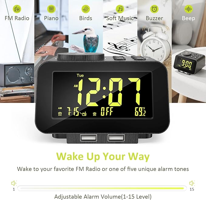 uscce Alarm Clock Radio for Bedroom - 0-100% Dimmer, 2 USB Chargers, Dual Alarm with Weekday/Weekend Mode, FM Radio w/Auto-Off Timer, Battery Backup, Loud Alarm Clock for Heavy Sleeper(Wood Grain)