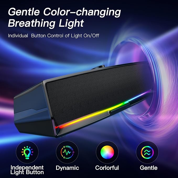 Computer Speakers for Desktop,PC Speakers Gaming Sound bar with Colorful Light,USB Speaker with Bluetooth for PCs Monitor Laptop Tablets,Wired Bluetooth Speaker for Phones(Type-C Adapter Included)