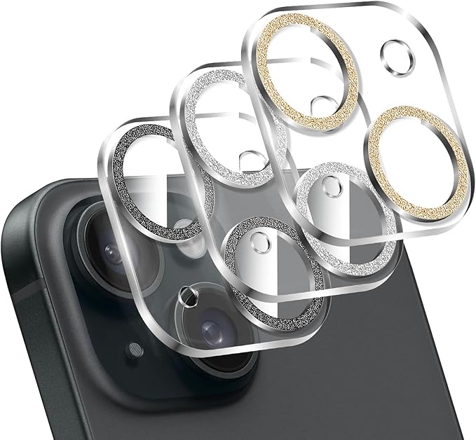 LucBuy 3PCS Sparkling Camera Lens Protector for iPhone 15/iPhone 15 Plus, Full Clear Acrylic Cover with Shiny Colorful Glitter Designed Decoration Back Camera Protector