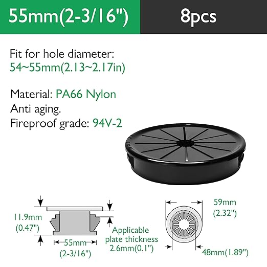 8PCS Cable Grommets, 2-3/16"(55mm) Desk Hole Cover Petal Shaped Buckle Type Nylon Snap Bushing Grommet, Wire Hole Cover Insert for Cables and Cords Management and Protection of Cabinet, Black