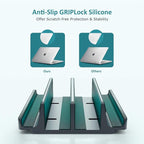 Vertical Laptop Stand - SPACEMax Adjustable GRIPLock Anti-Tip Silicone 4 Slots Aluminum Desktop Holder - Double Dock Stand - 2 Phone Slots Fits Up to 17.3” Laptops, Tablets, Phones - Gray