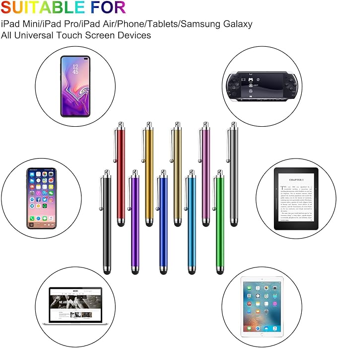Stylus Pen [10 Pack] Universal Capacitive Touch Screen Pens for Tablets, iPad Mini, iPad Pro, iPad Air, Smartphones, Samsung Galaxy - Multiple Colors