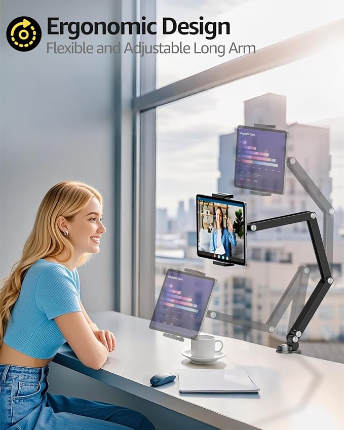 Urmust Tablet Holder Mount with Extendable Arm, Multi-Node Adjustable for 4.7-13" iPad Pro, Air, Galaxy Tab, Kindle Fire, Switch - Universal Tablet Stand for Bed, Desk & Work