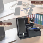3-in-1 Wood Phone Docking Station Organizer with Drawer & Hidden Charging Hole for Phone, Keys, Glasses & Accessories, for Men (Black, 01)