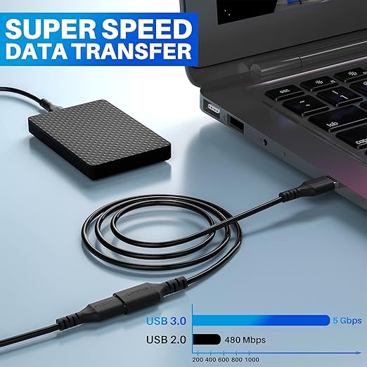 3 Pack USB 3.0 Extension Cable 6 Feet, USB A Male to Female Extender Cord, 5Gbps Data Transfer for Webcam, Printer, Keyboard, Mouse, Flash Drive, Hard Drive, Controller, Black Cable with 5 Cable Ties