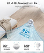 Fan for Bedroom, 13" Air Circulator Fans with Remote, 120°Vertical Manual +90°Oscillating Desk fan, 60ft Powerful Airflow, Portable Fan With 4 Speeds, 4 Modes, 12H Timer, 25dB Quiet Smallfan (White)