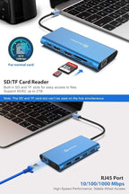 UtechSmart 11 in 1 Docking Station, Triple Monitors USBC Laptop Docking Station with 2 HDMI, VGA, PD3.0, SD TF Card Slot, 4 USB Ports USB-C Adapter Compatible for MacBook & Windows(Blue)