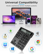 Rechargeable Wireless Number Pad for Laptop, 34 Keys Numeric Keypad with Dual Bluetooth & Display, 2-in-1 Numpad and Calculator, Slim Portable Number Pad Keyboard for Windows, Mac, PC, Tablet