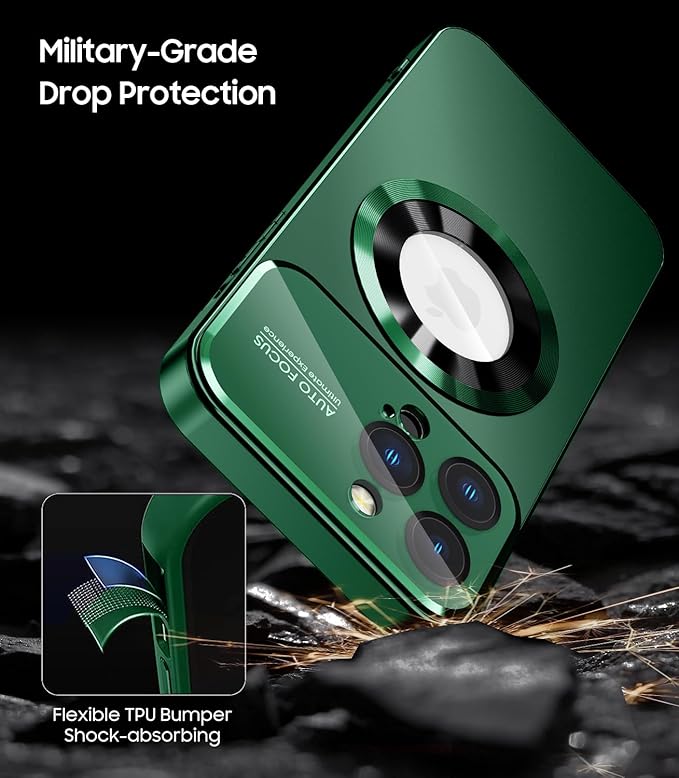 Magnetic for iPhone 13 Pro Case, Built-in Camera Lens Protector, Compatible with MagSafe, Logo View, Military Grade Protective Phone Cover, Dark Green