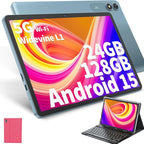 Android Tablet with Keyboard, Android 15 Tablet 10 inch with 24GB+128GB, 1TB Expand, 8-Core, 8000mAh, 5G WiFi, Widevine L1, GMS, with Case, Keyboard, Mouse, Stylus(Pink)