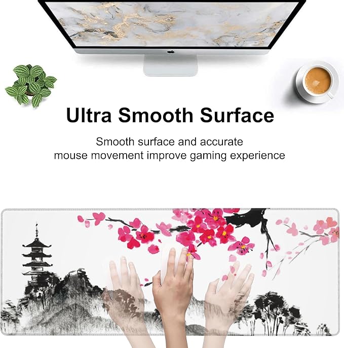 Chinese Ink Painting Desk Mat,Large Abstract Landscape Painting Gaming Keyboard Mouse Pad,Non-Slip Rubber Base Desk Pad Thick Stitched Edges Waterproof Mousepad Mouse Mat 31.5"x11.8"