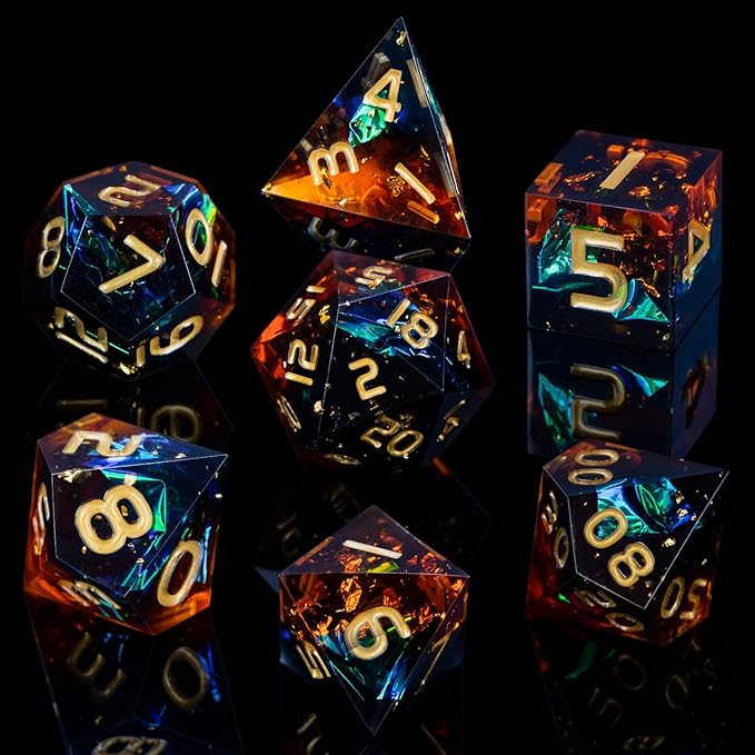 ARUOHHA DND Resin Dice Set 7Pcs Handmade Glitter Inclusions Sharp Edge Dragons Dice with Box, Role Playing Game RPG Lightning Polyhedral Dungeons D and D Dice Set