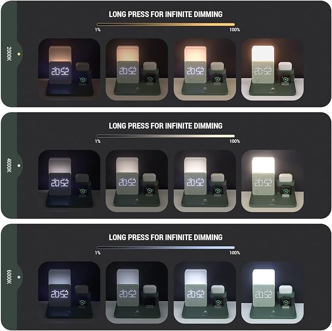 Wireless Charging Station, iPhone 3 in 1 Fast 15W Wireless Charger with Alarm Clock and Night Light, Charging Dock for iPhone 12/13/14/15/16 Pro/Pro Max, Samsung, AirPods