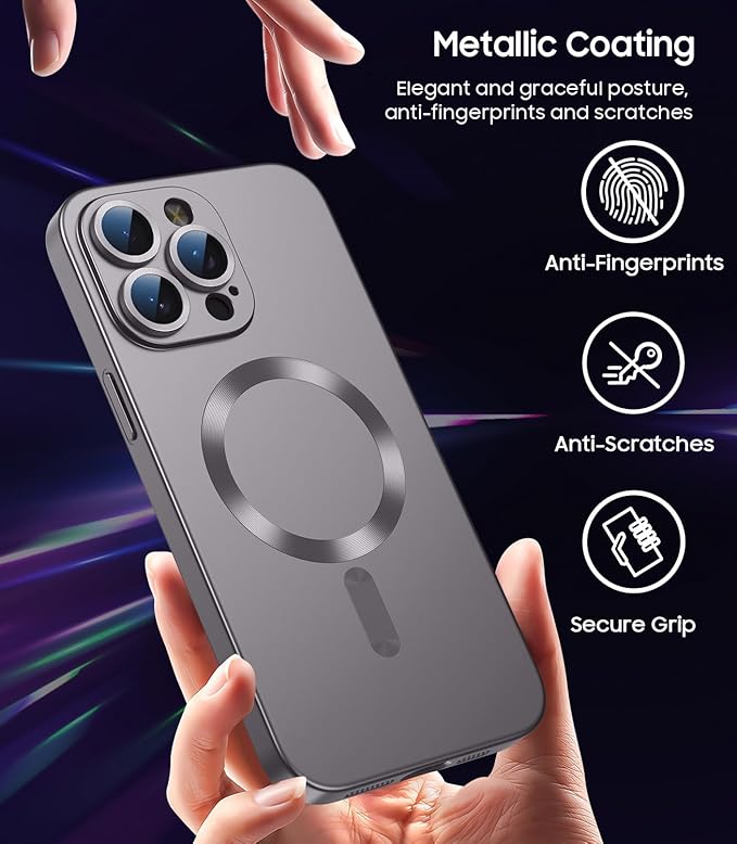Magnetic for iPhone 15 Pro Max Case [Compatible with MagSafe][Built-in Camera Lens Protector] Slim Soft Silicone Bumper Shockproof Metallic Luster Phone Case (Titanium Gray)
