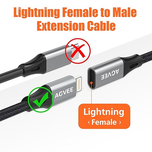 AGVEE 2 Pack 1ft Lightning Extension Cable, Braided Female to Male Extender Full Function Cord Compatible with iPhone iPad, Data Sync Video Audio & Charging Connector Adapter, Dark Gray